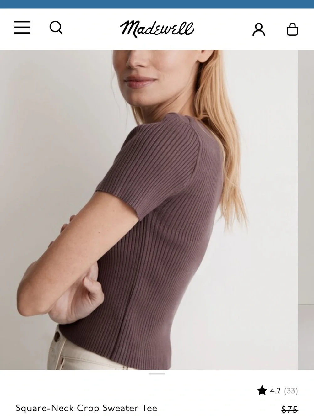 Madewell Square Neck Crop Sweater Tee Fig Size Small